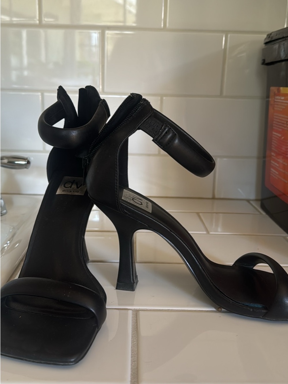 DV by Dolce Vita Black Square-Toe Ankle Strap Stiletto Heels